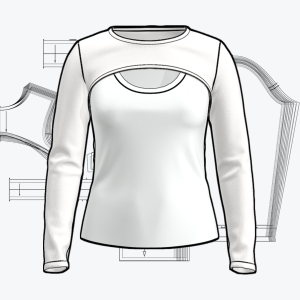 3D render of a bolero-style shrug over a tank top, with the pattern behind.